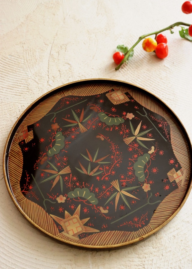 会津絵盆　菓子器　松竹梅　蒔絵　手仕事　民藝　木皿　丸盆　270ｍｍ