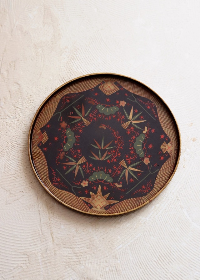 会津絵盆　菓子器　松竹梅　蒔絵　手仕事　民藝　木皿　丸盆　270ｍｍ