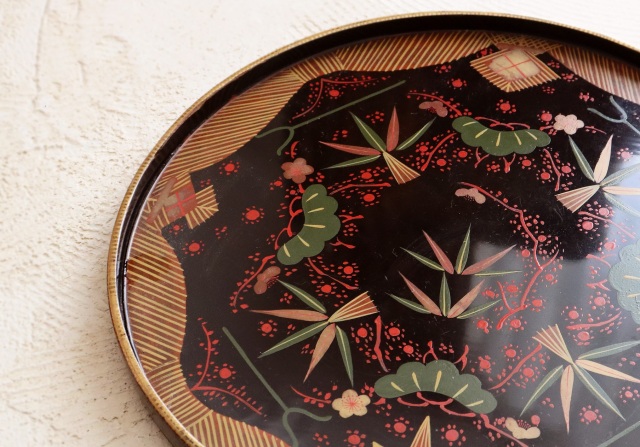 会津絵盆　菓子器　松竹梅　蒔絵　手仕事　民藝　木皿　丸盆　270ｍｍ