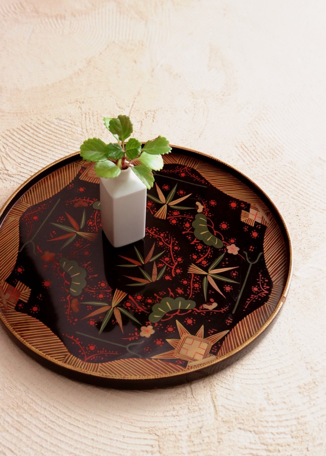 会津絵盆　菓子器　松竹梅　蒔絵　手仕事　民藝　木皿　丸盆　270ｍｍ