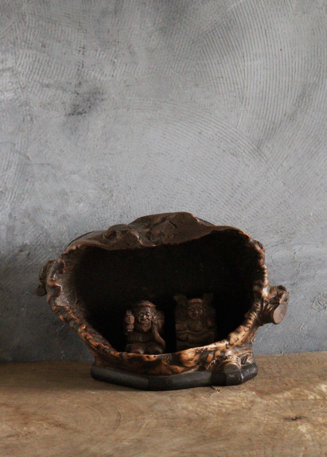 木の瘤厨子入り恵比寿大黒像　木彫　民藝　厨子　木彫仏