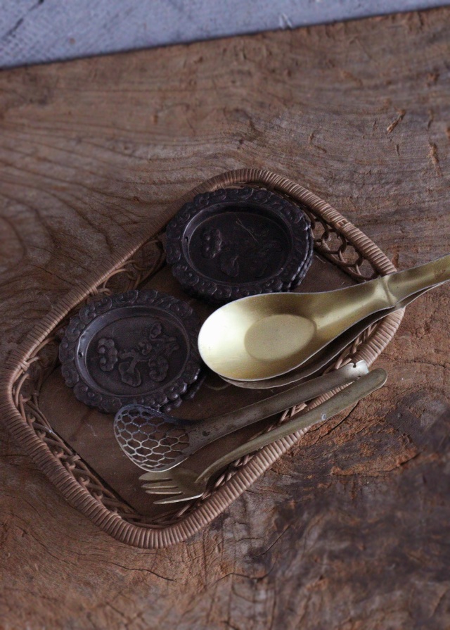 霊芝紋 茶托 引手金具 4枚組 茶器 茶托 煎茶道具 骨董 古玩 民具 建具金具