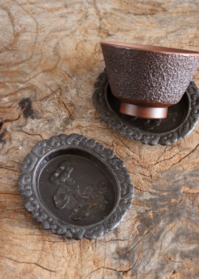 霊芝紋 茶托 引手金具 4枚組 茶器 茶托 煎茶道具 骨董 古玩 民具 建具金具