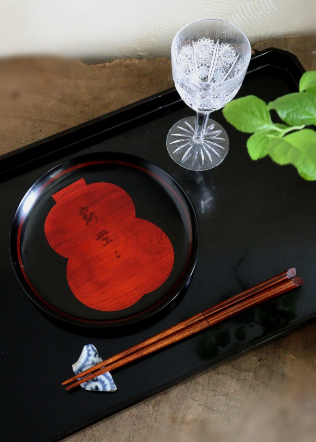 塗師　呉藤友乗作　平安堂　蒔絵皿　大銘々皿　瓢箪紋「露堂々」　蒔絵漆皿五枚　共箱　漆器　菓子皿