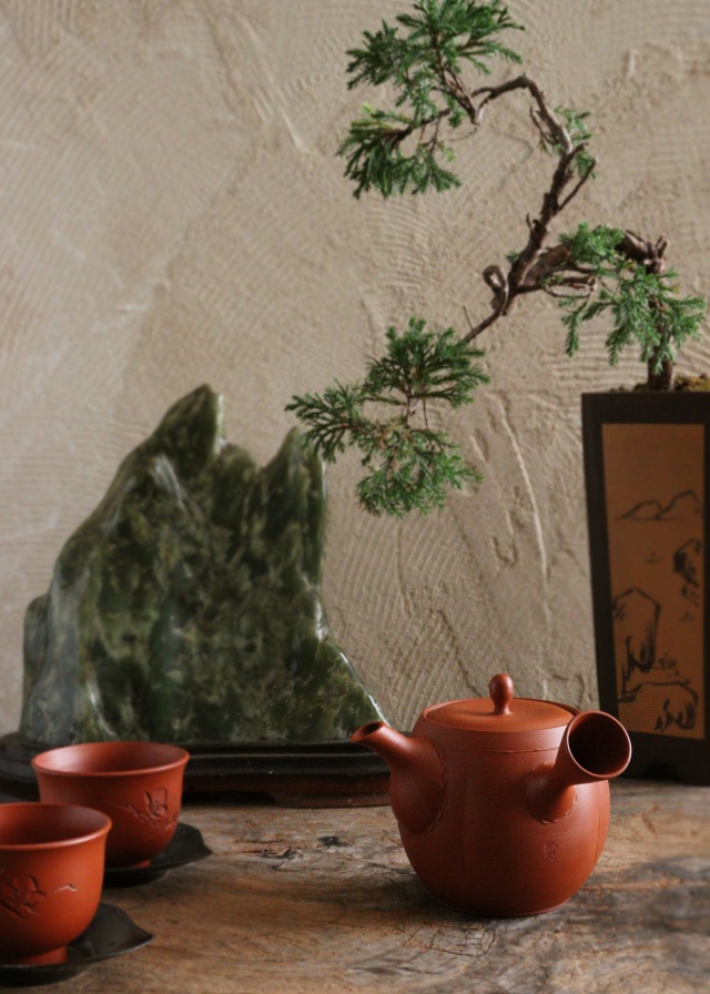 常滑焼棗型急須　玲光作　煎茶道具　朱泥急須　