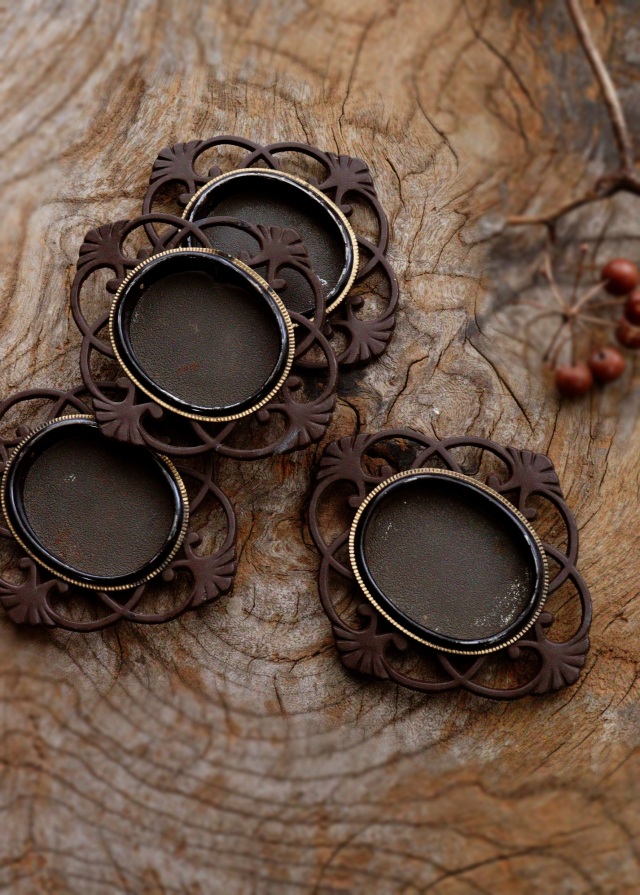 透かし銅製 茶托 引手金具 4枚組 茶器 茶托 煎茶道具 骨董 古玩 民具