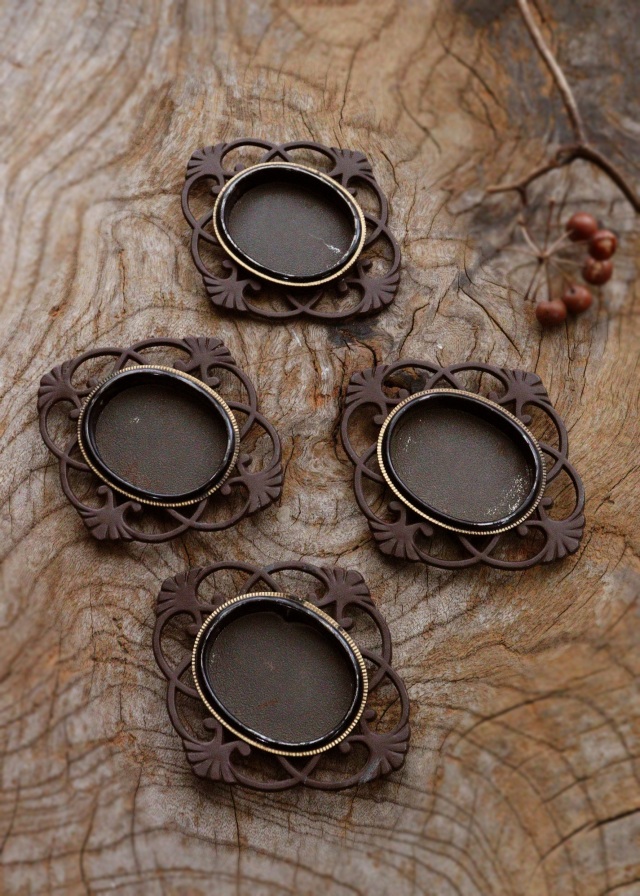 透かし銅製 茶托 引手金具 4枚組 茶器 茶托 煎茶道具 骨董 古玩 民具