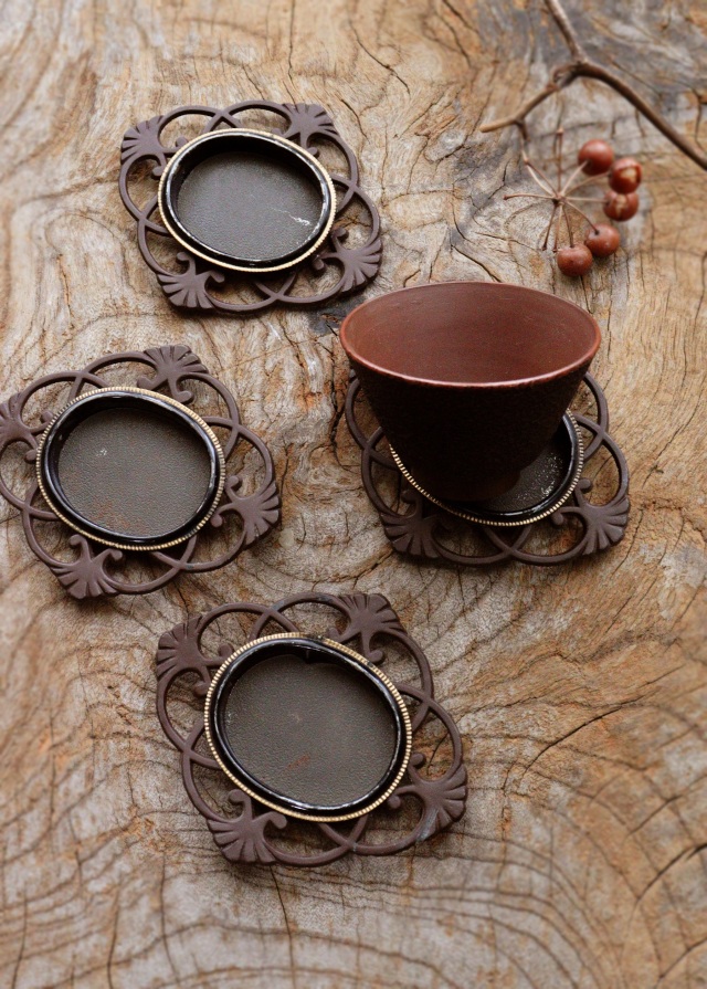 透かし銅製 茶托 引手金具 4枚組 茶器 茶托 煎茶道具 骨董 古玩 民具