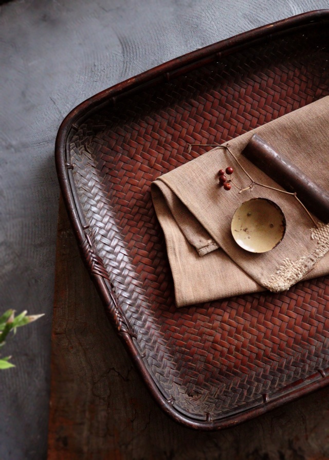 アンティーク　大笊籠　古籠　籠　茶籠　竹籠　茶卓　茶盆