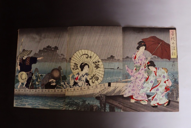 楊州周延筆　「墨堤の渡船」　美人画浮世絵　木版画 　