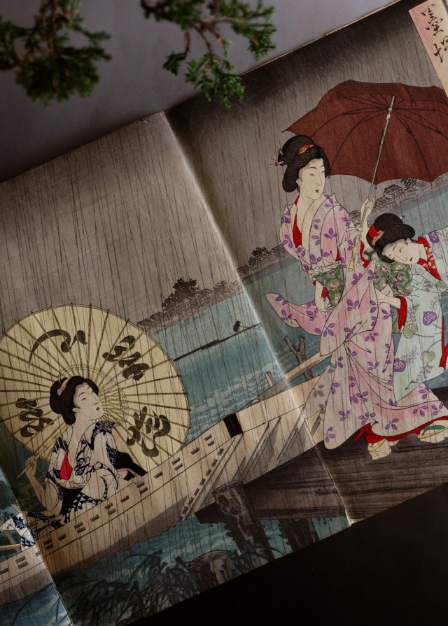 楊州周延筆　「墨堤の渡船」　美人画浮世絵　木版画 　