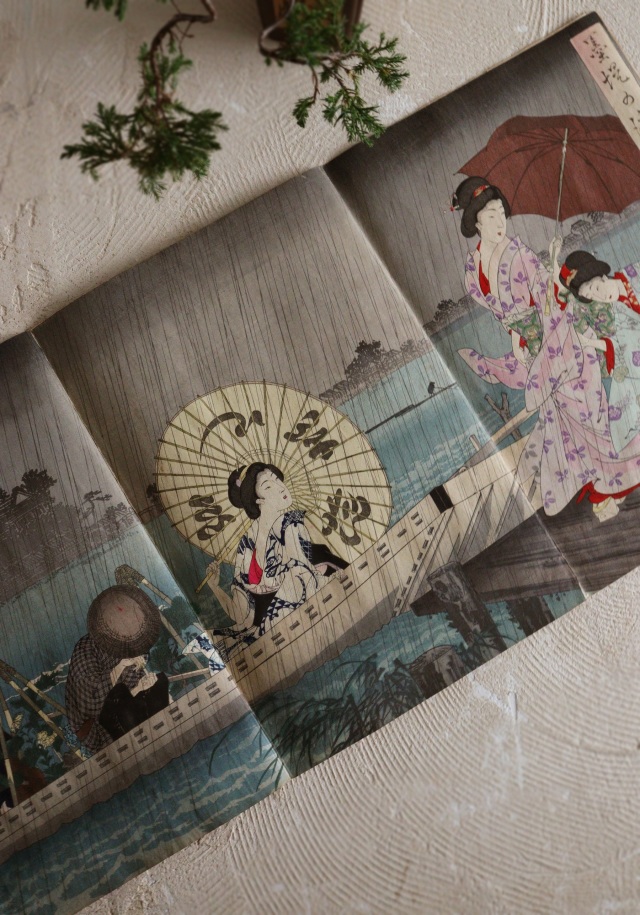 <楊州周延筆　「墨堤の渡船」　美人画浮世絵　木版画