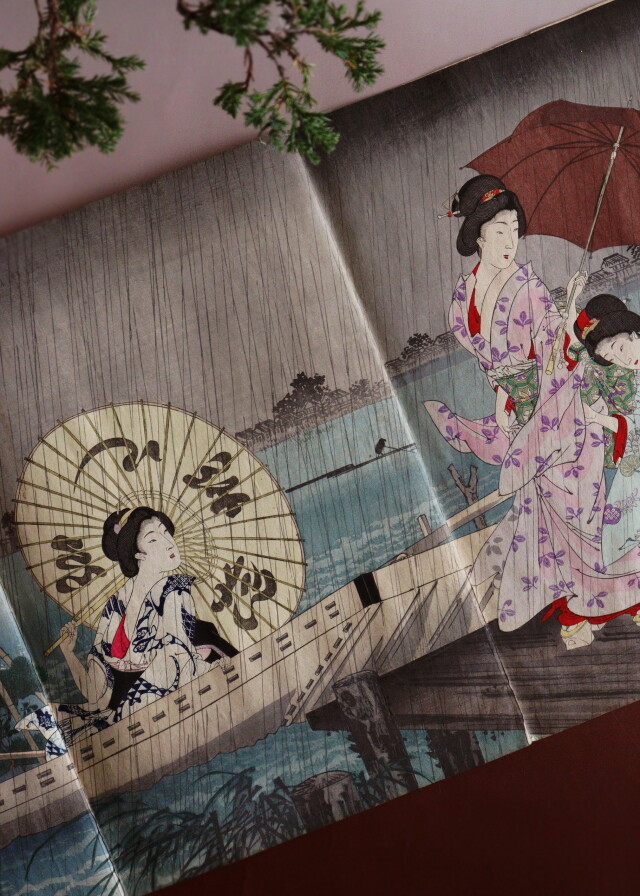 楊州周延筆　「墨堤の渡船」　美人画浮世絵　木版画