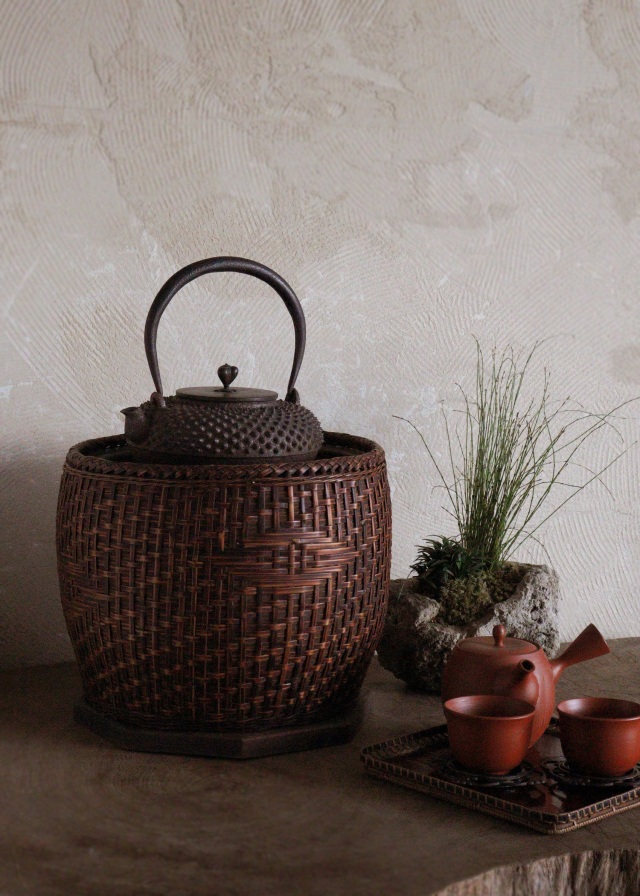 竹籠陶製火鉢 手あぶり 民具 木製火鉢 卓上火鉢 古家具 風炉 民藝 煎茶道具