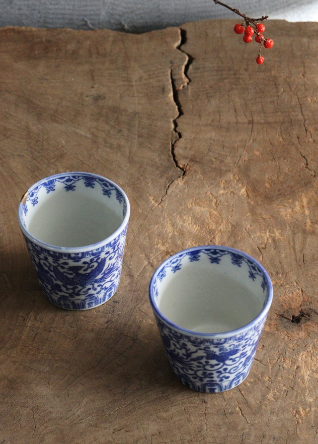 染付印判蕎麦猪口 桐菊唐草鳳凰紋 ソバ猪口 2客 金継Antique Sam's