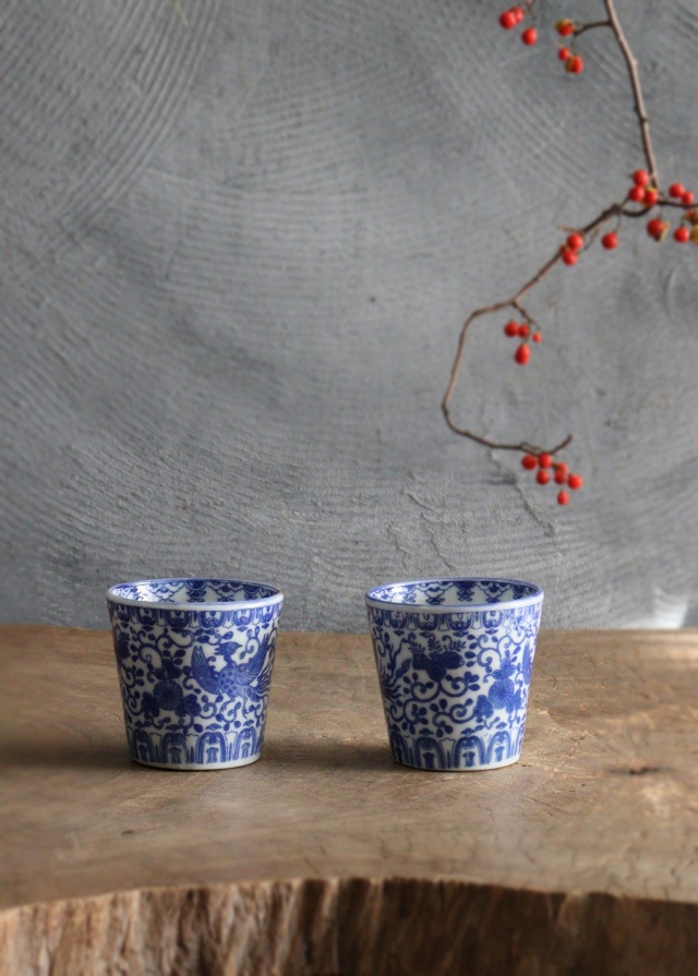 染付印判蕎麦猪口 桐菊唐草鳳凰紋 ソバ猪口 2客 金継Antique Sam's