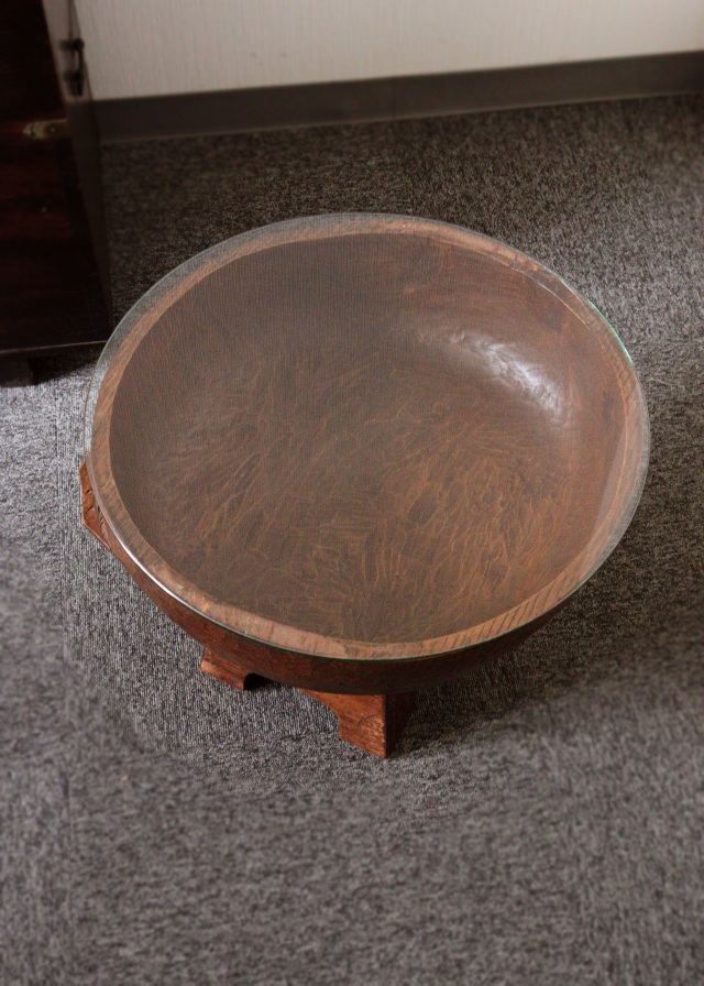 李朝木鉢脚付き　ガラス付き　木製捏鉢　民藝　茶卓　ミニテーブル　木鉢　　李朝家具　捏ね鉢　