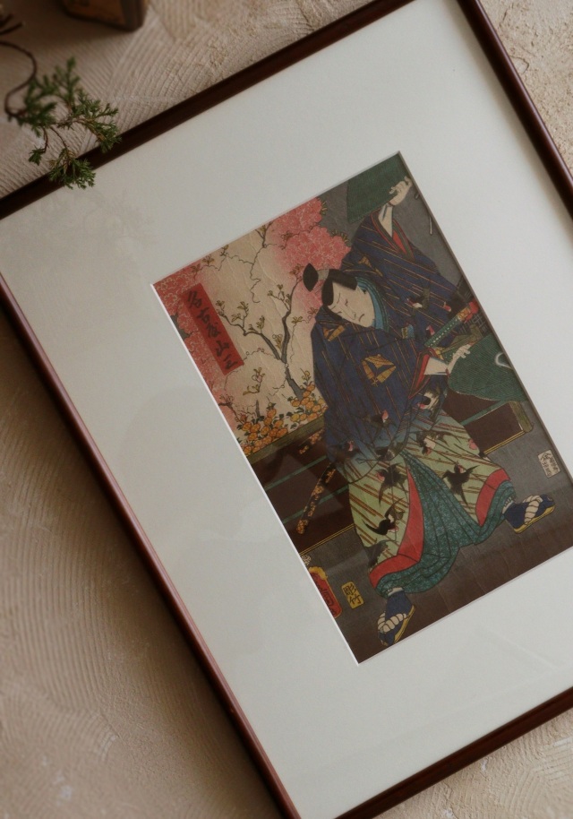 浮世絵木版画 1853年 歌川豊国 寝顔童子図 二枚続 版画