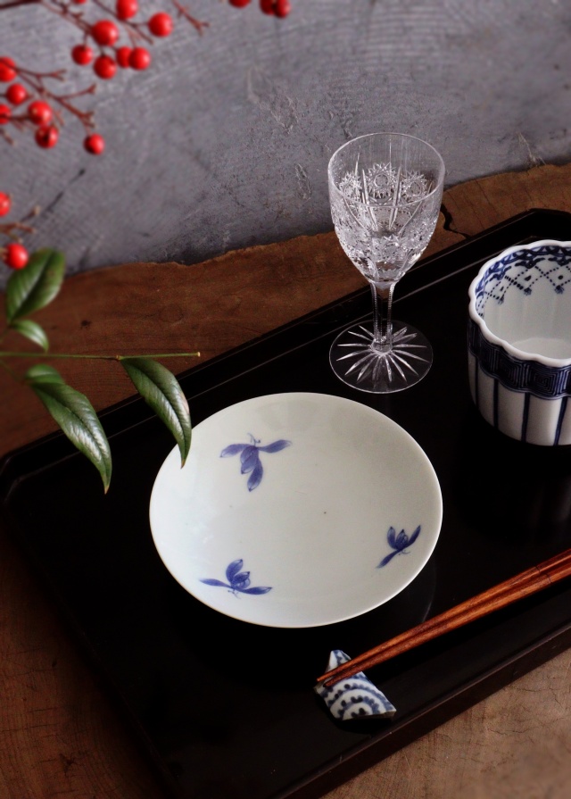 染付手書き花図16cm皿 5枚組 取り皿 盛皿 中皿 プレートAntique