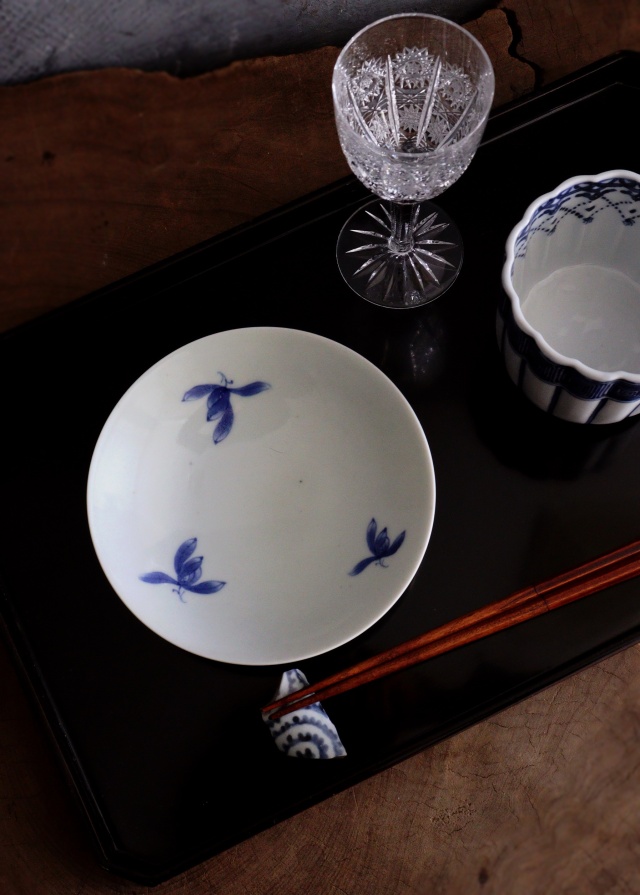 染付手書き花図16cm皿 5枚組 取り皿 盛皿 中皿 プレートAntique