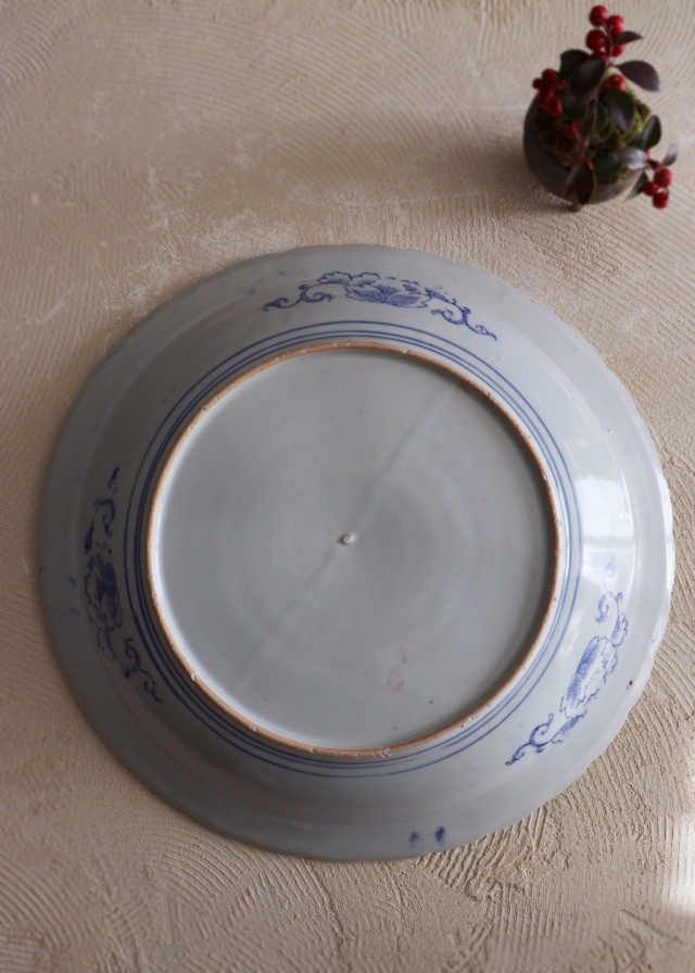 印判染付大皿 41cm 大皿 オードブル皿 飾り皿 特大 線描