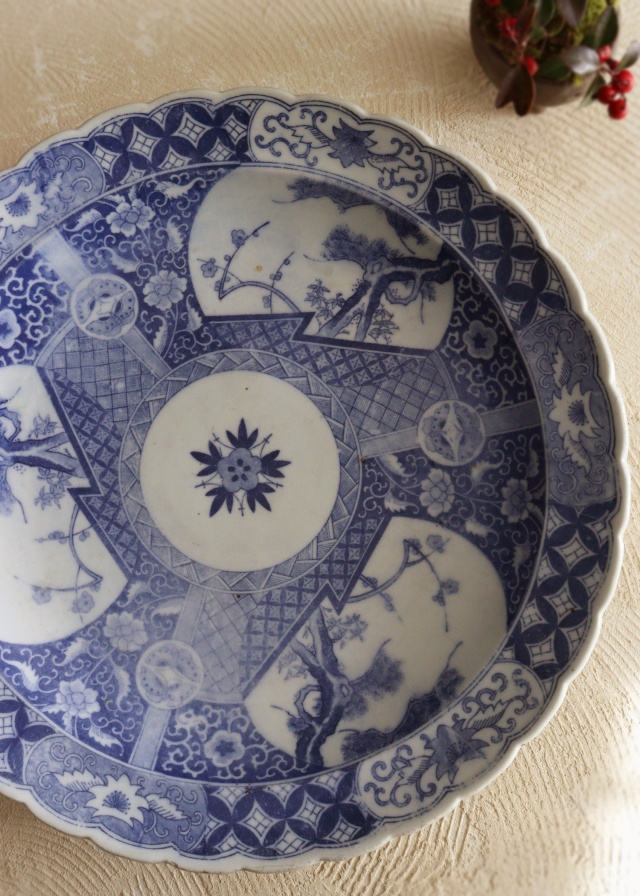 印判染付大皿 直径40.5cm 大皿 オードブル皿 飾り皿 特大