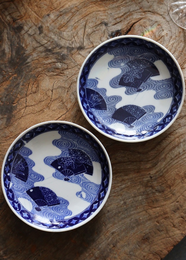 染付印判流水扇面紋小皿5枚組　取り皿　手塩皿　小皿　プレート