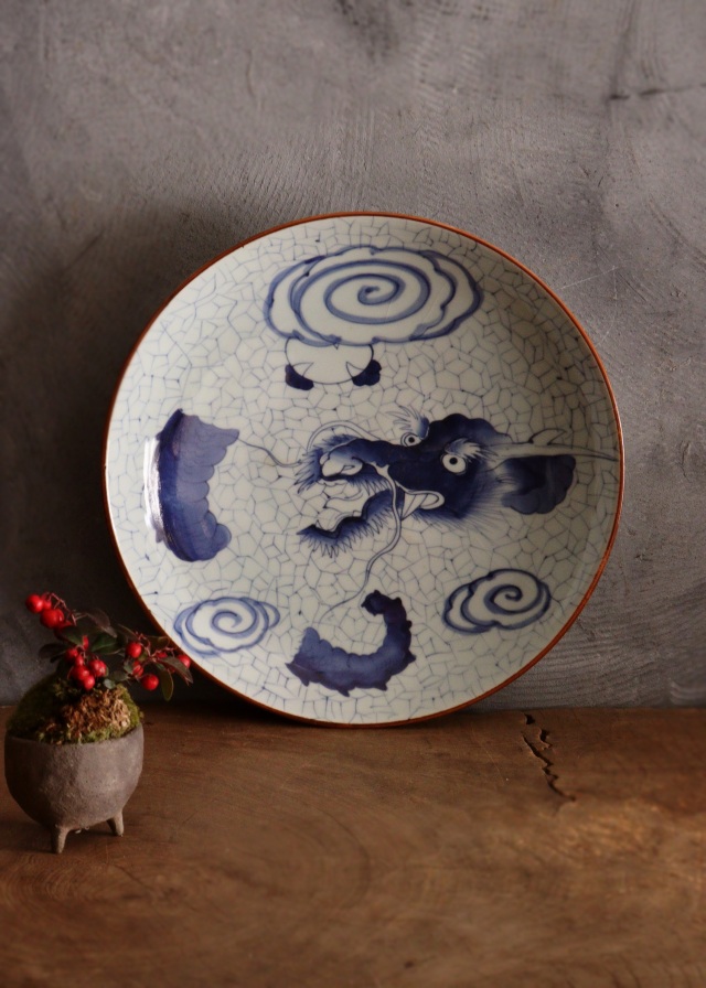 染付氷裂雲龍紋大皿 直径34.5cm 大皿 飾り皿