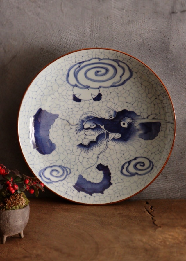 染付氷裂雲龍紋大皿 直径34.5cm 大皿 飾り皿