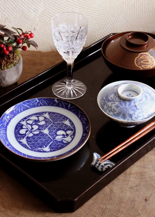 染付印判青海波亀甲花笹紋皿 4枚組 16cm ケーキ皿