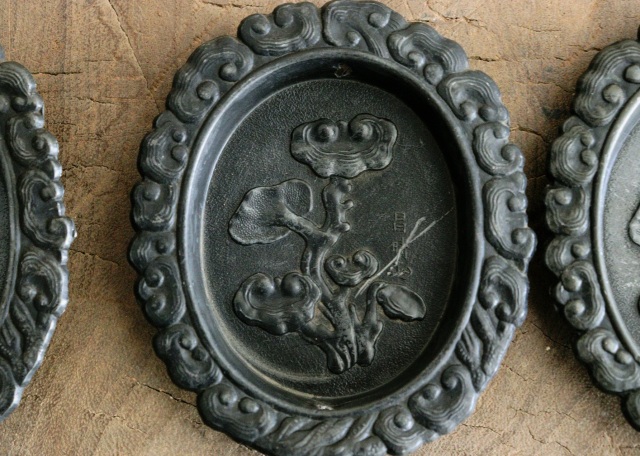 霊芝紋 茶托 引手金具 4枚組 茶器 茶托 煎茶道具 骨董 古玩 民具 建具金具