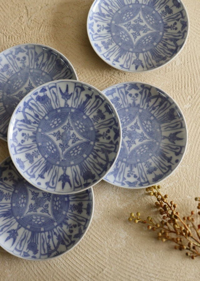 染付芙蓉手紋印判皿　5枚組　16ｃｍ　ケーキ皿　取り皿　モダン皿　ボタニカル柄　印判皿