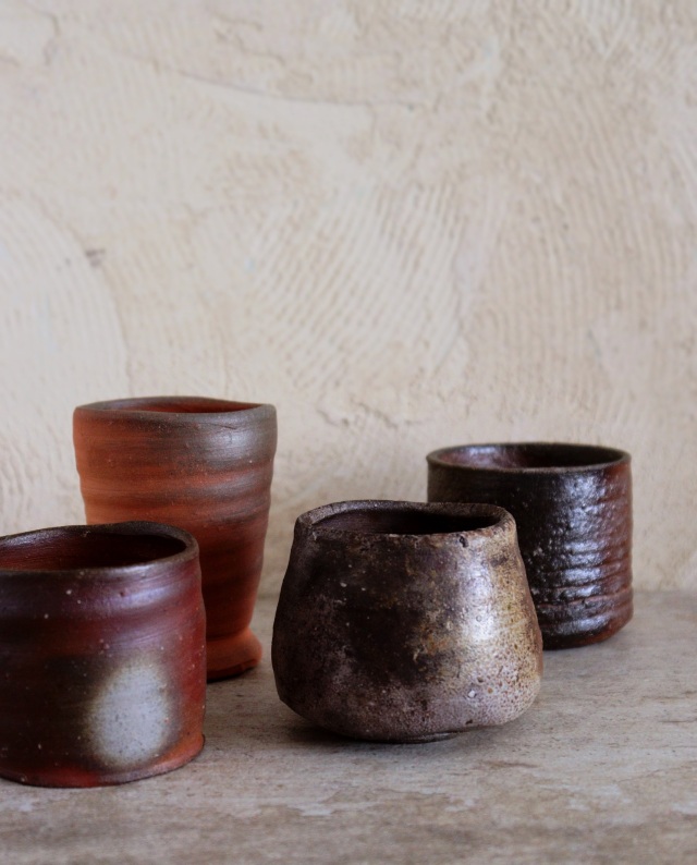 [朝一杯の白湯を飲むための器]　中村和樹作　白湯器　湯呑　備前酒器　焼酎盃　酒器　備前焼　4種