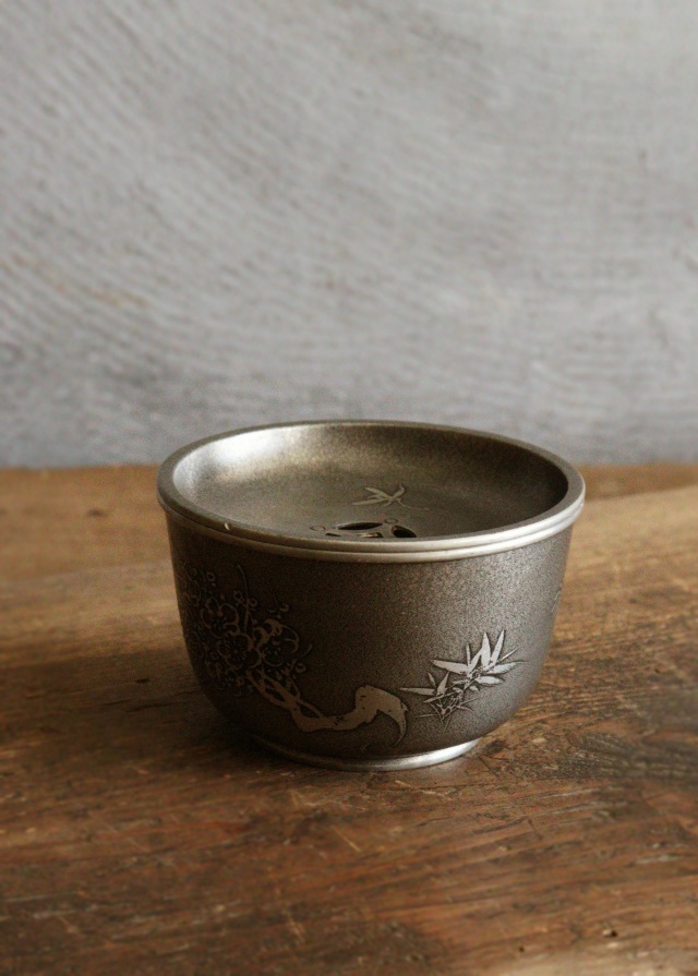 錫製茶器セット 菓子器 茶こぼし 茶則 間村自造 四君子 茶盤