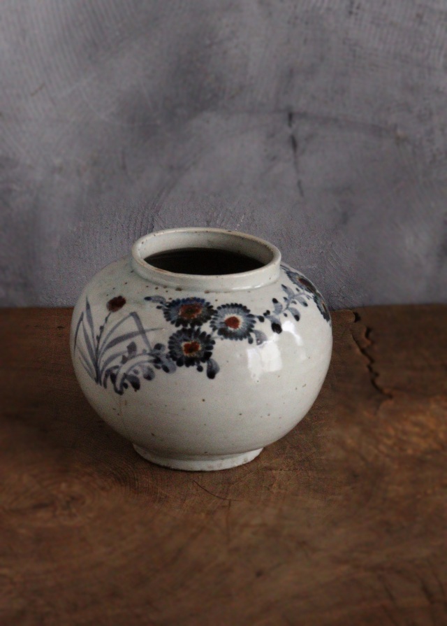 李朝菊竹紋青華辰砂 青花瓶 花瓶 壷 辰砂壺