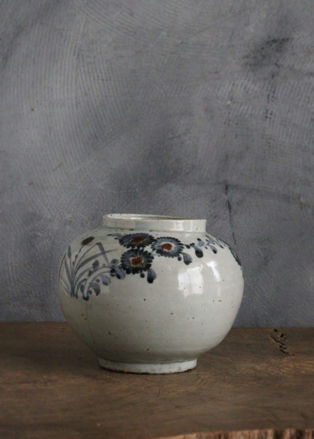 李朝菊竹紋青華辰砂　青花瓶　花瓶　壷　辰砂壺