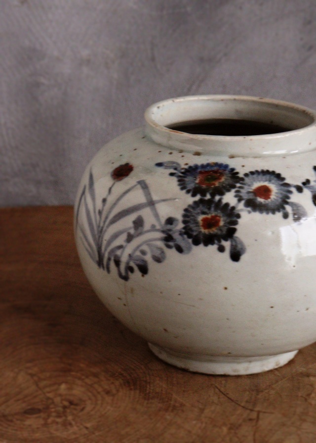 李朝菊竹紋青華辰砂　青花瓶　花瓶　壷　辰砂壺