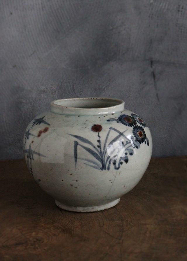 李朝菊竹紋青華辰砂　青花瓶　花瓶　壷　辰砂壺