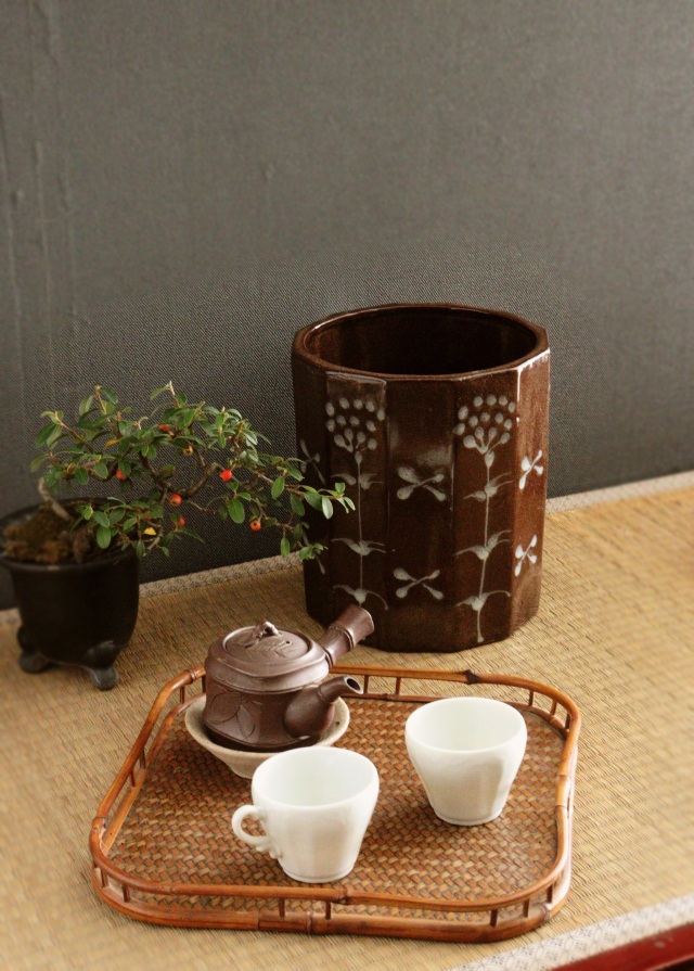 飴色釉薬面取陶製手あぶり　火鉢　鉢カバー　民藝　涼炉