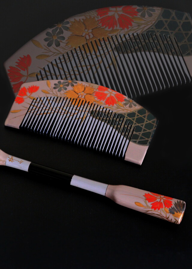 蒔絵櫛・笄セット　漆器　髪飾り　色漆　和装小物　伝統工芸