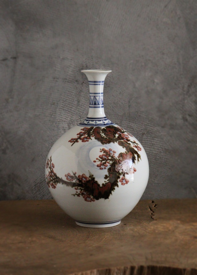 泰岩 沈相燮作徳利型壷 　韓国陶磁　辰砂　鉄砂　青華　韓国インテリア　韓国人作家