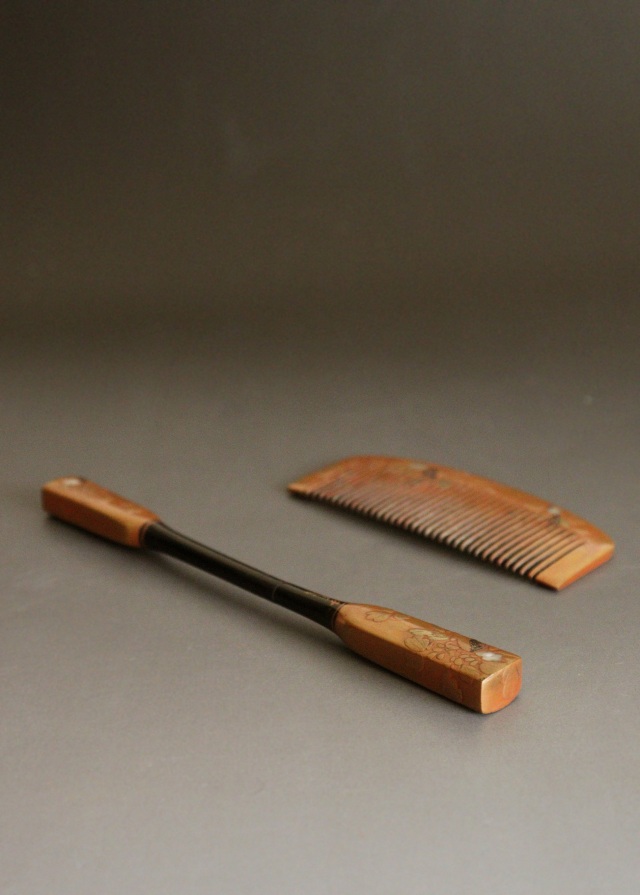 蒔絵櫛・笄セット 漆器 髪飾り 色漆 和装小物 伝統工芸 Antique