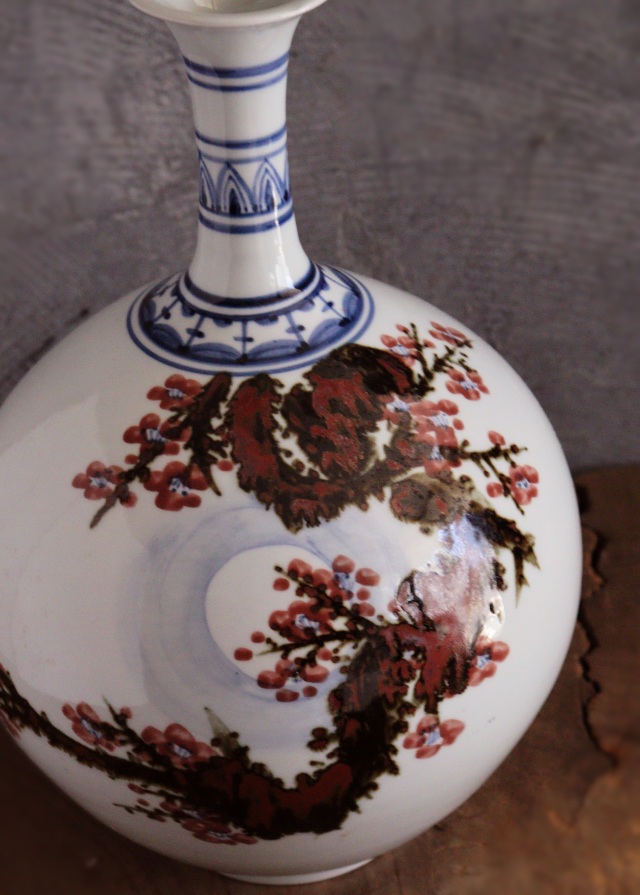 泰岩 沈相燮作徳利型壷 　韓国陶磁　辰砂　鉄砂　青華　韓国インテリア　韓国人作家