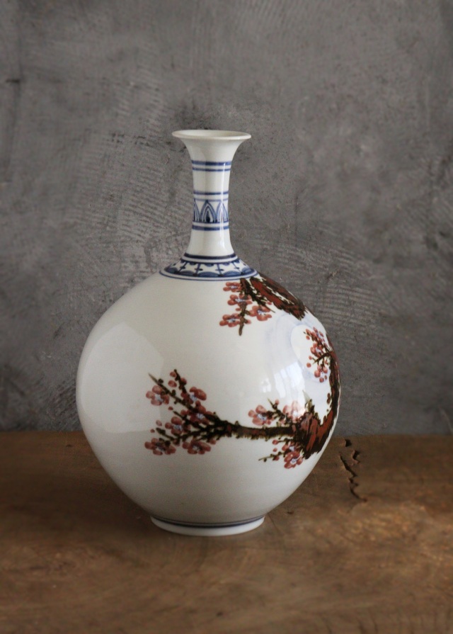 泰岩 沈相燮作徳利型壷 　韓国陶磁　辰砂　鉄砂　青華　韓国インテリア　韓国人作家