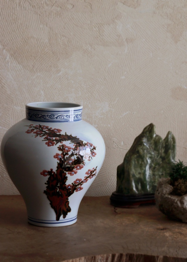 泰岩 沈相燮作梅瓶型辰砂壷 　韓国陶磁　韓国インテリア