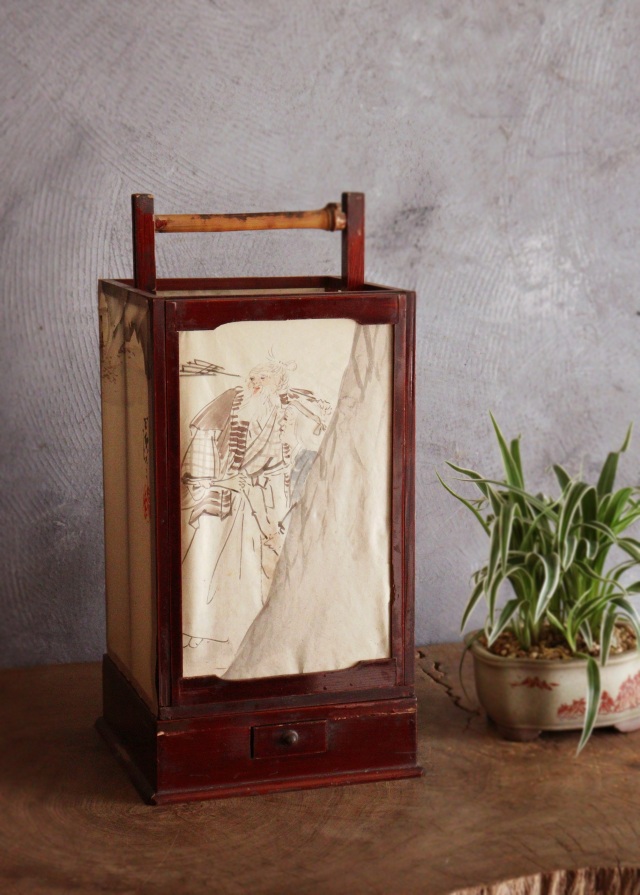 春慶塗二部式行燈　水谷百碩[高砂図]行燈　行灯　灯篭　灯もの　和風照明　照明　古道具　民具