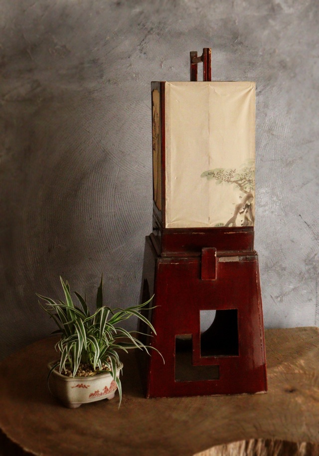 春慶塗二部式行燈　水谷百碩[高砂図]行燈　行灯　灯篭　灯もの　和風照明　照明　古道具　民具