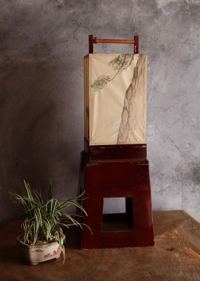 春慶塗二部式行燈　水谷百碩[高砂図]行燈　行灯　灯篭　灯もの　和風照明　照明　古道具　民具