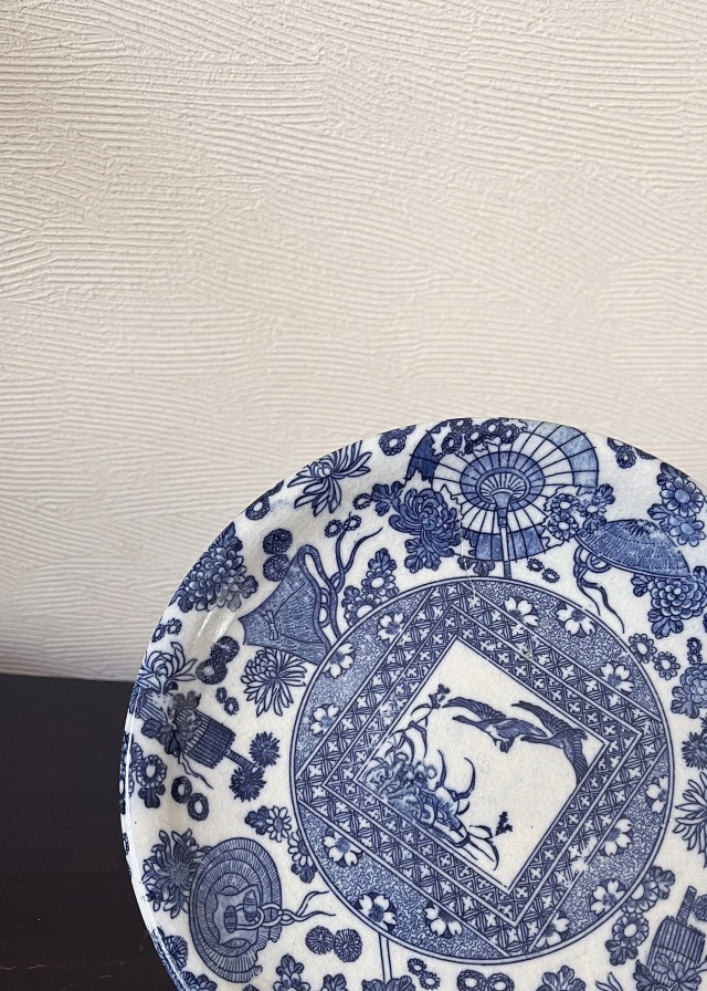 印判皿１８ｃｍ桜鶴蛇の目傘花尽くし紋様　五枚組